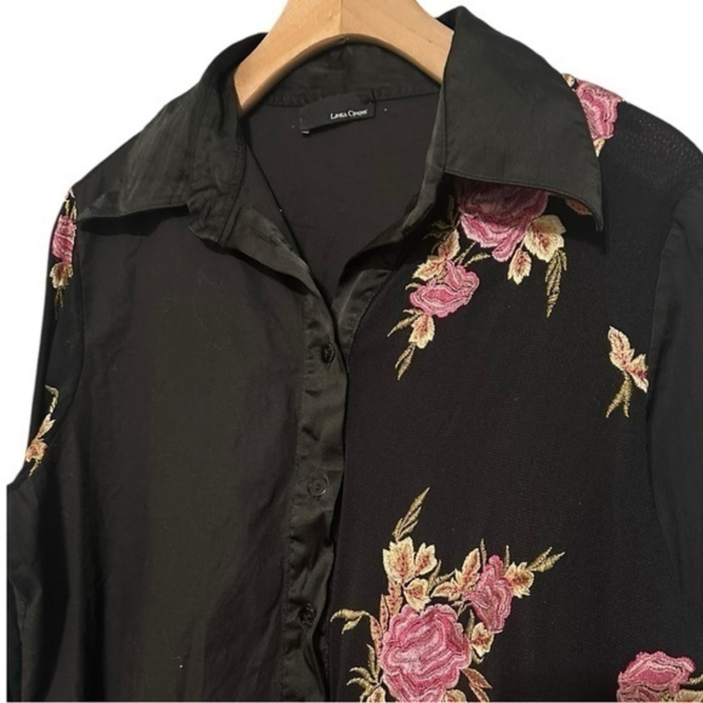 Linea Cinque Women’s Size L XL Black Embroidered Floral Button Up Shirt